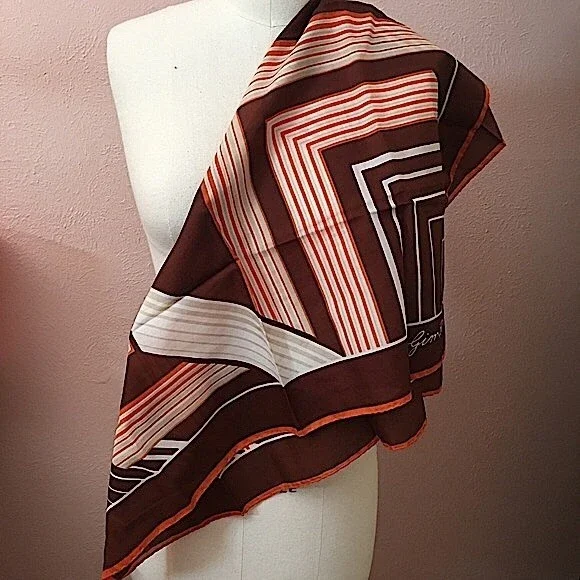 VTG 60 70 Jim Renoir Geometric Print Brown Burnt Orange Large Square scarf - Picture 14 of 16